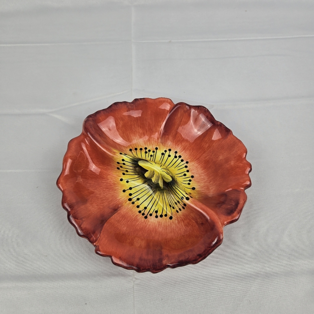 Vtg California Pottery Poppy Floral Divided Condiment Dish Orange Yellow 7.75"
